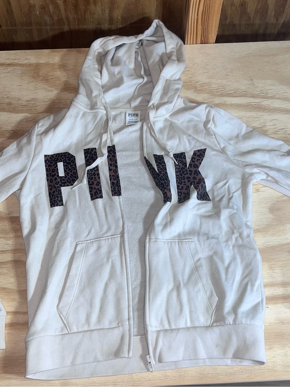 PINK Victoria's Secret Cream Zip-Up Hoodie with Leopard-Print Logo